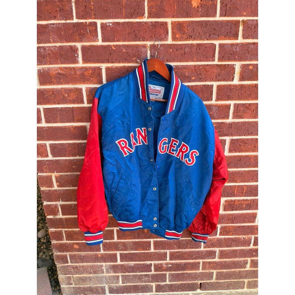 Vintage Starter Texas Rangers Satin Jacket Blue Red MLB Bomber Large 90s Made US